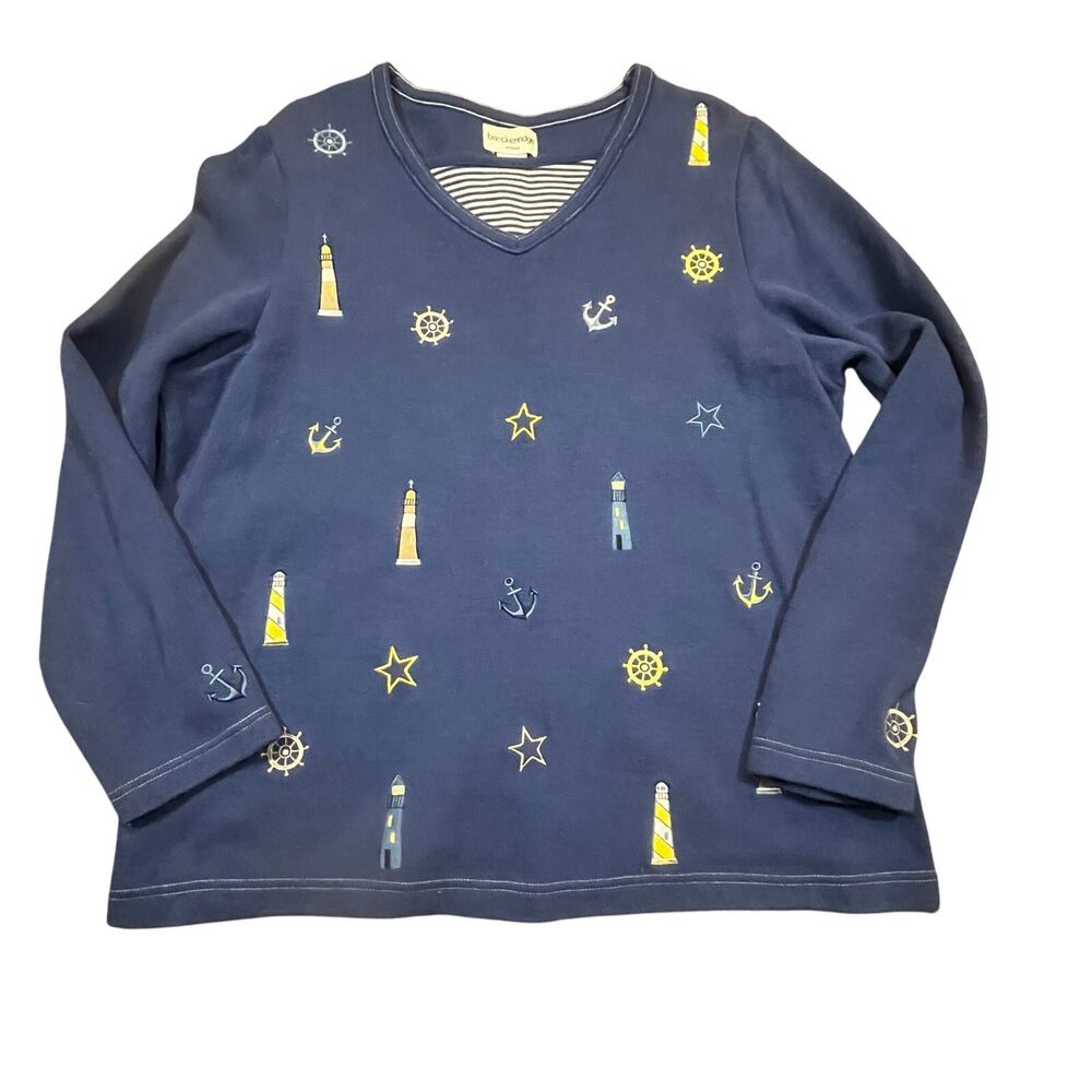 Breckenridge Nautical Embroidered Lighthouse Anchor V‎ Neck Top Women 1XL